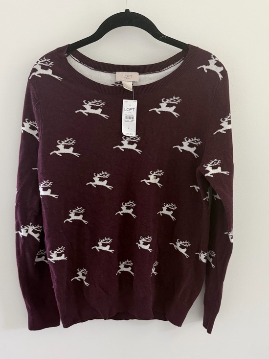 LOFT Sweaters - LOFT Women's Cotton Reindeer Print Plum Cotton Crew Sweater